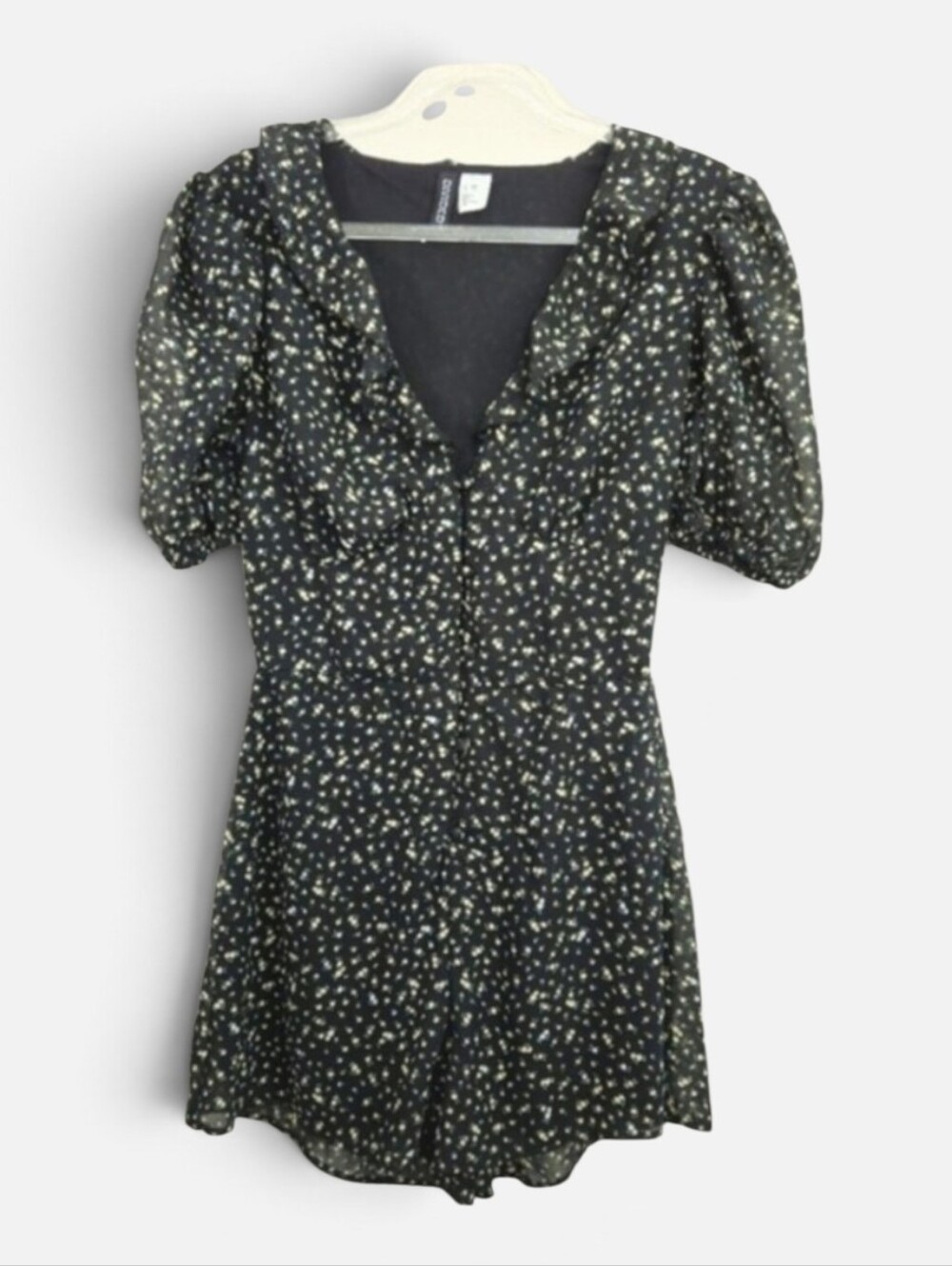 H&M Divided Ditzy Floral Black Short Puff Sleeve Romper Short Ruffle Size XXS